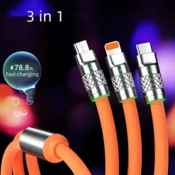 3.3ft 120W 3-In-1 Multi Fast Charging Nylon Braided Cable USB Charger Cord With 3 Different Ports (USB C/Micro/Lightning)