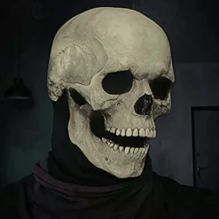 Full Head Skull Mask with Moving Jaw,Adult Entire Head Realistic Latex Helmet,Skeleton Headgear Creepy Mask Realistic Cosplay Props