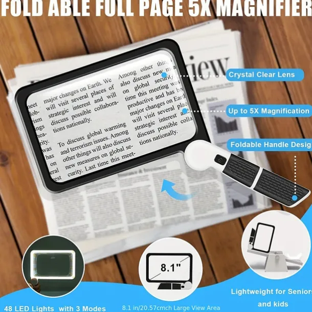 Full-Page 5X Magnifying Glass for Reading, Folding Lighted Magnifier with 48 LED Lights, Handheld Rectangular Lens for Seniors