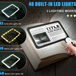 Full-Page 5X Magnifying Glass for Reading, Folding Lighted Magnifier with 48 LED Lights, Handheld Rectangular Lens for Seniors