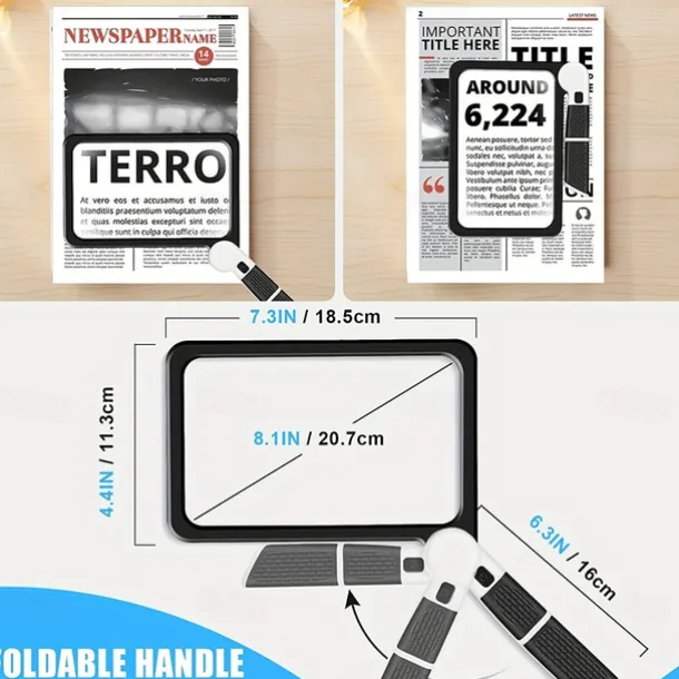 Full-Page 5X Magnifying Glass for Reading, Folding Lighted Magnifier with 48 LED Lights, Handheld Rectangular Lens for Seniors