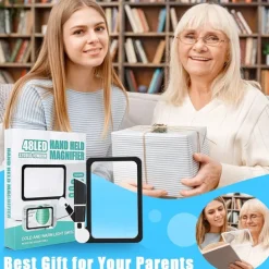 Full-Page 5X Magnifying Glass for Reading, Folding Lighted Magnifier with 48 LED Lights, Handheld Rectangular Lens for Seniors