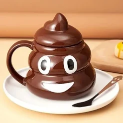 Funny Poop Ceramic Mug Cartoon Smile Coffee Milk Mug Porcelain Water Cup with Handgrip Lid Tea Cup Office Drinkware