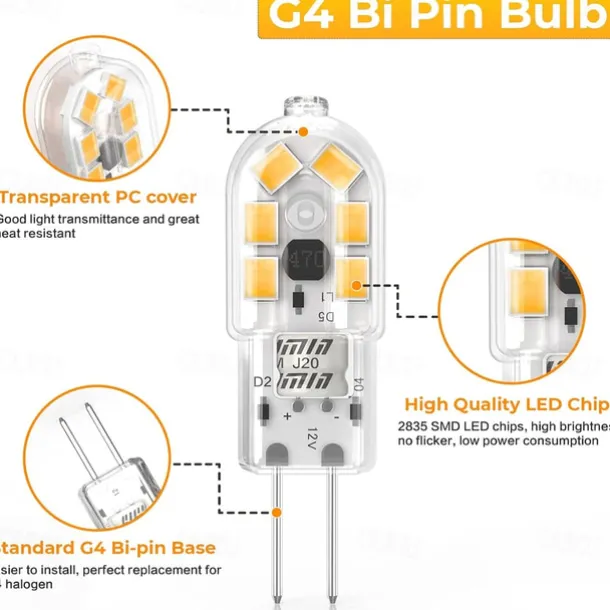 G4 LED Bulb AC/DC12V 220V G4 JC Bi Pin Base 20W Halogen Bulb Replacement Light Bulb for Under Cabinet Range Hood Stove Light Chandelier and Wall Sconces 5pcs
