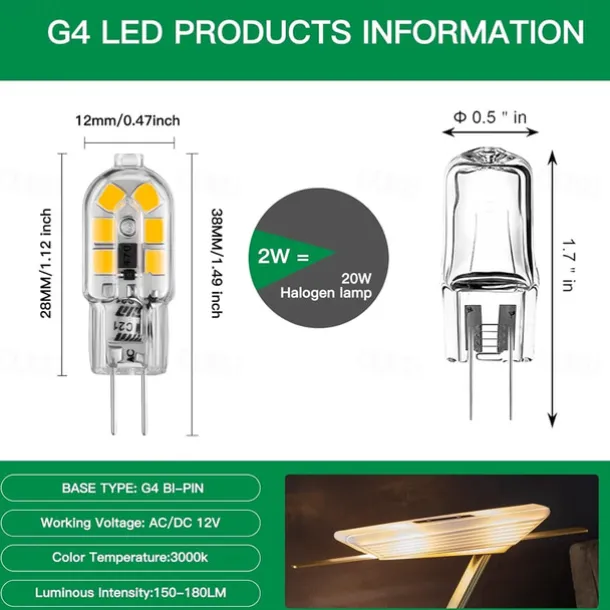 G4 LED Bulb AC/DC12V 220V G4 JC Bi Pin Base 20W Halogen Bulb Replacement Light Bulb for Under Cabinet Range Hood Stove Light Chandelier and Wall Sconces 5pcs