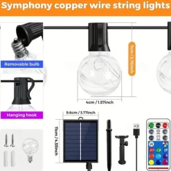 G40 Solar String Lights, Outdoor Waterproof Colorful String Light with Remote Control for Christmas Courtyard Garden Wedding Festival Decoration Light String