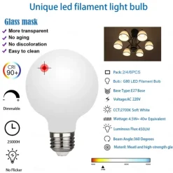 G80 5W LED Globe Lights Dimmable LED Edison Bulb 6000K- 2700K 450lm E27 Base Opalescent Glass Facing AC220V Very Suitable for Vanity Mirror Floor Lamp