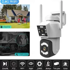 2.4G WIFI Security CCTV Camera Dual Len Wireless IP Camera Two-Way Audio Talk Auto Tracking Waterproof Network Camera Digital Zoom Surveillance PTZ Camera