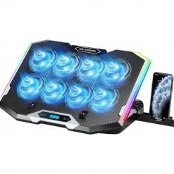 Gaming Laptop Cooling Pad with 8 Cooling Fans Laptop Fan Cooler Pad for 15-17.3 Inch Cooler Stand with 6 Height Adjustable RGB Cooling Pad with Two USB Port & Phone Stand
