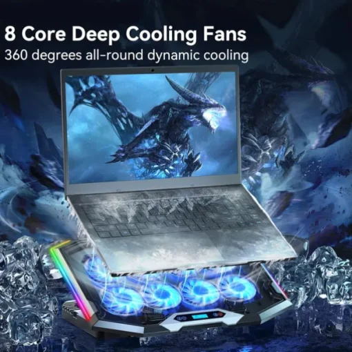 Gaming Laptop Cooling Pad with 8 Cooling Fans Laptop Fan Cooler Pad for 15-17.3 Inch Cooler Stand with 6 Height Adjustable RGB Cooling Pad with Two USB Port & Phone Stand