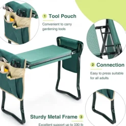 Garden Kneeler and Seat, Heavy Duty Gardening Bench with 2 Tool Pouches, Widen EVA Foam Pad, Foldable Garden Stool to Prevent Knee & Back Pain