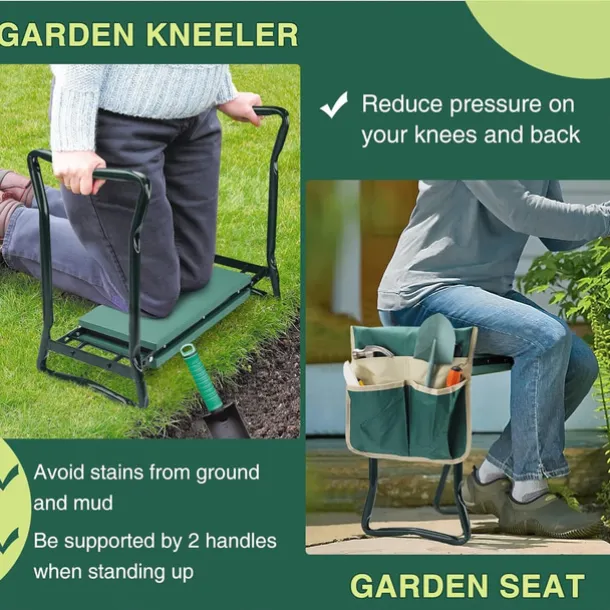 Garden Kneeler and Seat, Heavy Duty Gardening Bench with 2 Tool Pouches, Widen EVA Foam Pad, Foldable Garden Stool to Prevent Knee & Back Pain