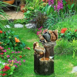 Garden Statue Solar Lights Animal Landscape Lights Led Garden Lights Resin Duck Squirrel Water Fountain Statue for Outdoor Patio Decor