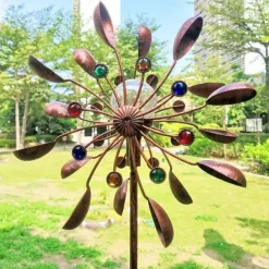 Garden Sunflower Solar LED Lights Glass Ball Bronze Iron Double-Sided Rotating Ornaments Windmill Yard Outdoor Decor