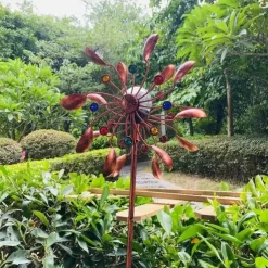 Garden Sunflower Solar LED Lights Glass Ball Bronze Iron Double-Sided Rotating Ornaments Windmill Yard Outdoor Decor