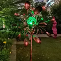 Garden Sunflower Solar LED Lights Glass Ball Bronze Iron Double-Sided Rotating Ornaments Windmill Yard Outdoor Decor