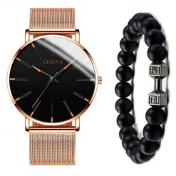 GENEVA Quartz Watch for Men Stylish Steampunk Casual Analog Quartz Wristwatch with Bracelet Set Waterproof PU Leather Watch