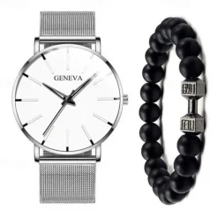 GENEVA Quartz Watch for Men Stylish Steampunk Casual Analog Quartz Wristwatch with Bracelet Set Waterproof PU Leather Watch