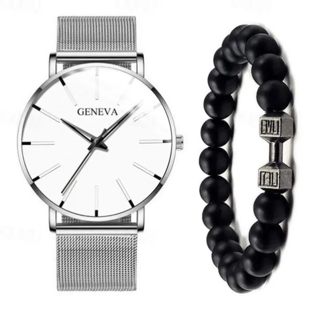 GENEVA Quartz Watch for Men Stylish Steampunk Casual Analog Quartz Wristwatch with Bracelet Set Waterproof PU Leather Watch