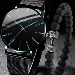 GENEVA Quartz Watch for Men Stylish Steampunk Casual Analog Quartz Wristwatch with Bracelet Set Waterproof PU Leather Watch