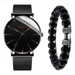 GENEVA Quartz Watch for Men Stylish Steampunk Casual Analog Quartz Wristwatch with Bracelet Set Waterproof PU Leather Watch