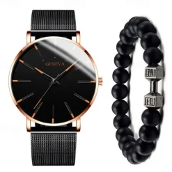 GENEVA Quartz Watch for Men Stylish Steampunk Casual Analog Quartz Wristwatch with Bracelet Set Waterproof PU Leather Watch