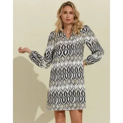 Geometric Long Sleeve Mini Shirt Dress