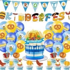 German Oktoberfest Theme Party Set Blue And White Plaid Pull Flag Cake Card Balloon Party Decoration
