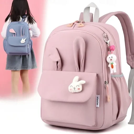 Girls Bunny Ear School Backpack with Cute Plush Keychain – Lightweight Waterproof Bookbag for Elementary and Middle School Students