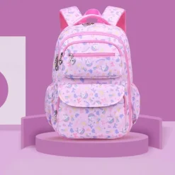 Girls' Cute Printed School Backpack with Heart Zipper Charm, Lightweight Waterproof Multi-Pocket Bookbag for Elementary and Middle School Students, Available in Pink, Purple, Blue, and Beige