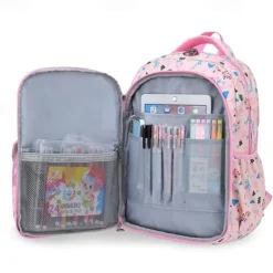 Girls' Cute Printed School Backpack with Heart Zipper Charm, Lightweight Waterproof Multi-Pocket Bookbag for Elementary and Middle School Students, Available in Pink, Purple, Blue, and Beige