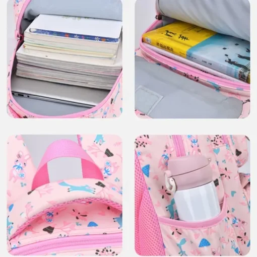 Girls' Cute Printed School Backpack with Heart Zipper Charm, Lightweight Waterproof Multi-Pocket Bookbag for Elementary and Middle School Students, Available in Pink, Purple, Blue, and Beige