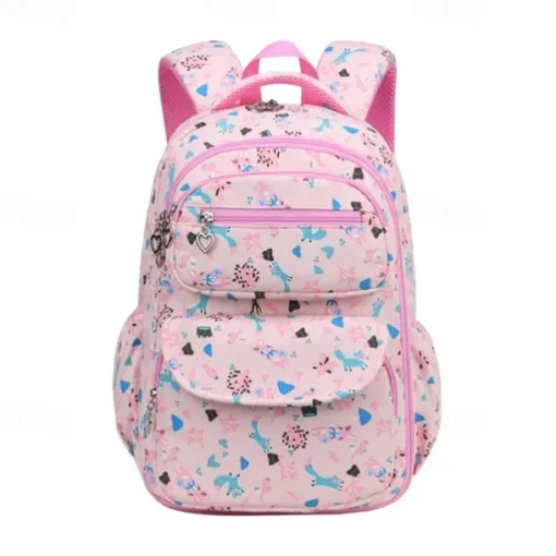 Girls' Cute Printed School Backpack with Heart Zipper Charm, Lightweight Waterproof Multi-Pocket Bookbag for Elementary and Middle School Students, Available in Pink, Purple, Blue, and Beige