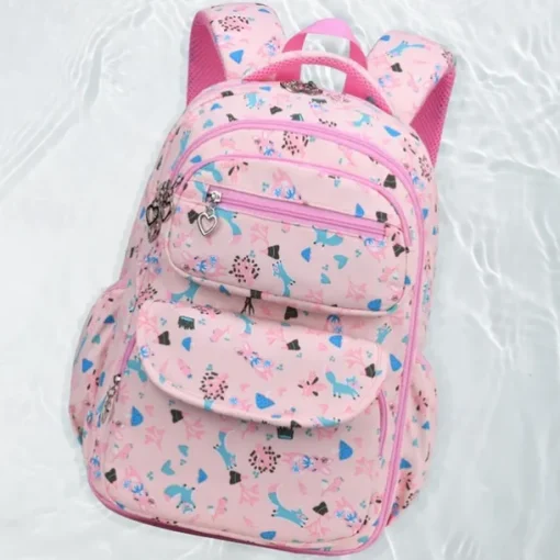 Girls' Cute Printed School Backpack with Heart Zipper Charm, Lightweight Waterproof Multi-Pocket Bookbag for Elementary and Middle School Students, Available in Pink, Purple, Blue, and Beige