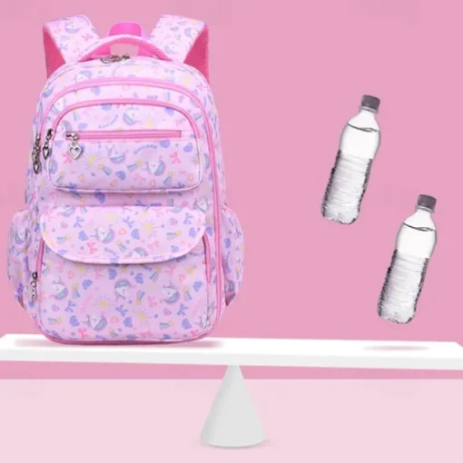 Girls' Cute Printed School Backpack with Heart Zipper Charm, Lightweight Waterproof Multi-Pocket Bookbag for Elementary and Middle School Students, Available in Pink, Purple, Blue, and Beige