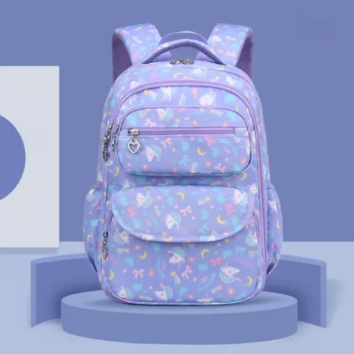 Girls' Cute Printed School Backpack with Heart Zipper Charm, Lightweight Waterproof Multi-Pocket Bookbag for Elementary and Middle School Students, Available in Pink, Purple, Blue, and Beige