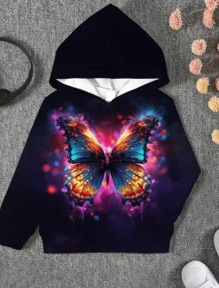 Girls' 3D Animal Butterfly Hoodie Long Sleeve 3D Print Fall Winter Active Sports Fashion Kids 3-12 Years Outdoor Daily Indoor Regular Fit