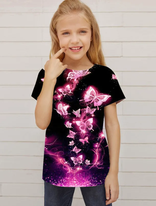 Girls' 3D Animal Butterfly T shirt Short Sleeve 3D Print Summer Spring Active Fashion Cute Kids 3-12 Years Outdoor Daily Indoor Regular Fit