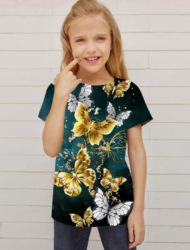 Girls' 3D Animal Butterfly T shirt Short Sleeve 3D Print Summer Spring Active Fashion Cute Kids 3-12 Years Outdoor Daily Indoor Regular Fit