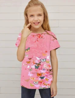 Girls' 3D Animal Butterfly T shirt Short Sleeve 3D Print Summer Spring Active Fashion Cute Kids 3-12 Years Outdoor Daily Indoor Regular Fit