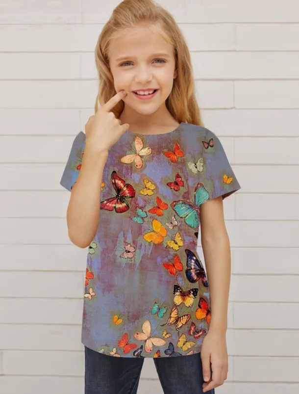 Girls' 3D Animal Butterfly T shirt Short Sleeve 3D Print Summer Spring Active Fashion Cute Kids 3-12 Years Outdoor Daily Indoor Regular Fit