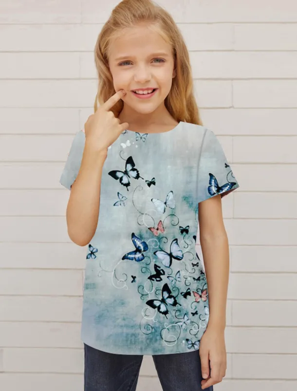 Girls' 3D Animal Butterfly T shirt Short Sleeve 3D Print Summer Spring Active Fashion Cute Kids 3-12 Years Outdoor Daily Indoor Regular Fit