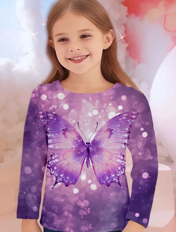 Girls' 3D Animal Butterfly T shirt Long Sleeve 3D Print Spring Fall Winter Active Sports Fashion Kids 3-12 Years Outdoor Daily Indoor Regular Fit