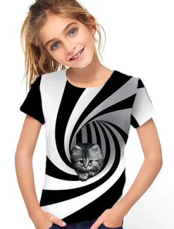 Girls' 3D Animal Cat T shirt Short Sleeve 3D Print Summer Spring Active Fashion Cute Kids 3-12 Years Outdoor Daily Indoor Regular Fit