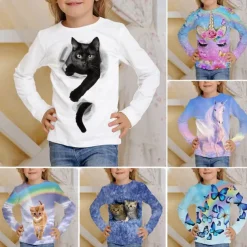 Girls' 3D Animal Cat T shirt Long Sleeve 3D Print Fall Winter Active Sports Fashion Kids 3-12 Years Outdoor Daily Regular Fit
