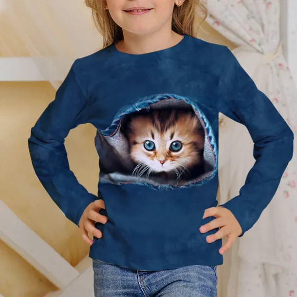 Girls' 3D Animal Cat T shirt Long Sleeve 3D Print Fall Winter Active Sports Fashion Kids 3-12 Years Outdoor Daily Regular Fit