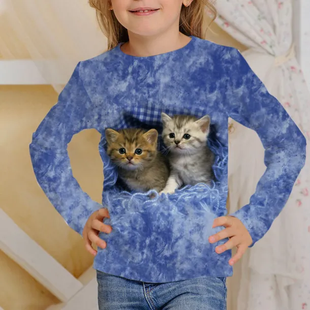 Girls' 3D Animal Cat T shirt Long Sleeve 3D Print Fall Winter Active Sports Fashion Kids 3-12 Years Outdoor Daily Regular Fit