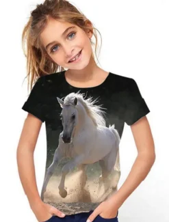Girls' 3D Animal Horse T shirt Short Sleeve 3D Print Summer Spring Active Fashion Cute Kids 3-12 Years Outdoor Daily Indoor Regular Fit