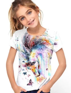Girls' 3D Animal Horse T shirt Short Sleeve 3D Print Summer Spring Active Fashion Cute Kids 3-12 Years Outdoor Daily Indoor Regular Fit