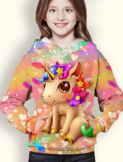 Girls' 3D Animal Unicorn Hoodie Long Sleeve 3D Print Spring Winter Active Sports Fashion Polyester Kids 3-12 Years Outdoor Daily Indoor Regular Fit